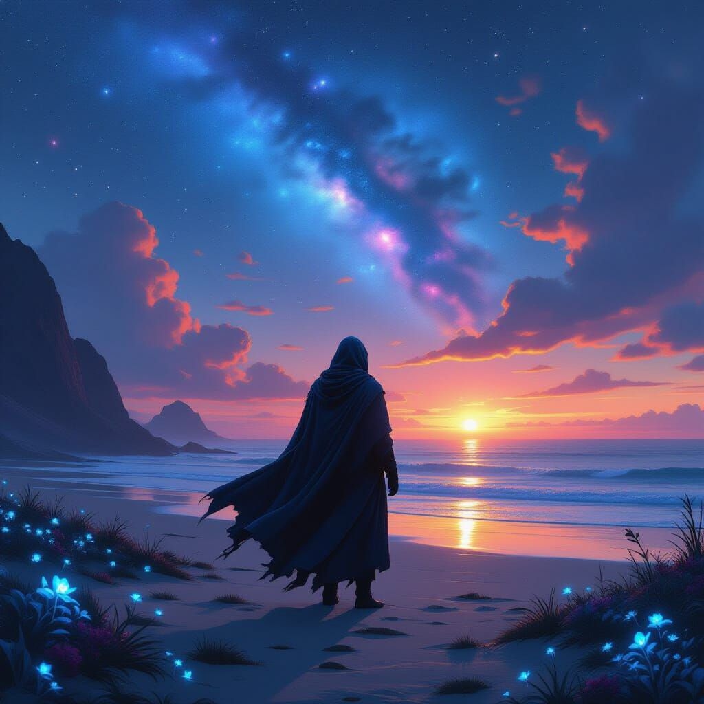 Wanderer on Alien Beach with Bioluminescent Flora