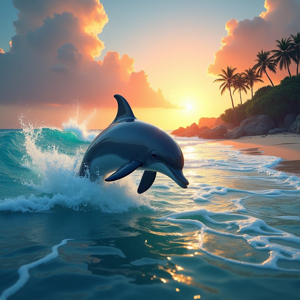 Dolphin Breaching Turquoise Waves at Sunset