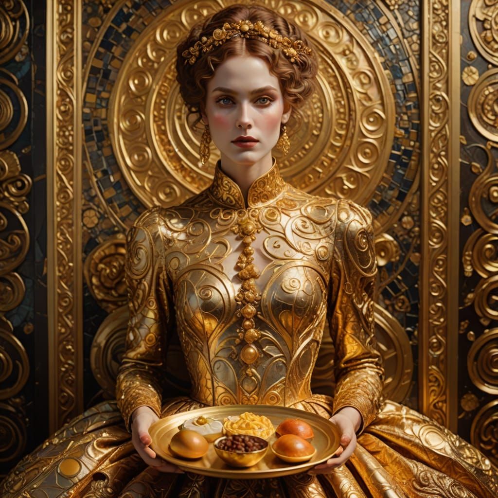 Golden Portrait of a Dinner Lady in Luxurious Gown, Serving ...