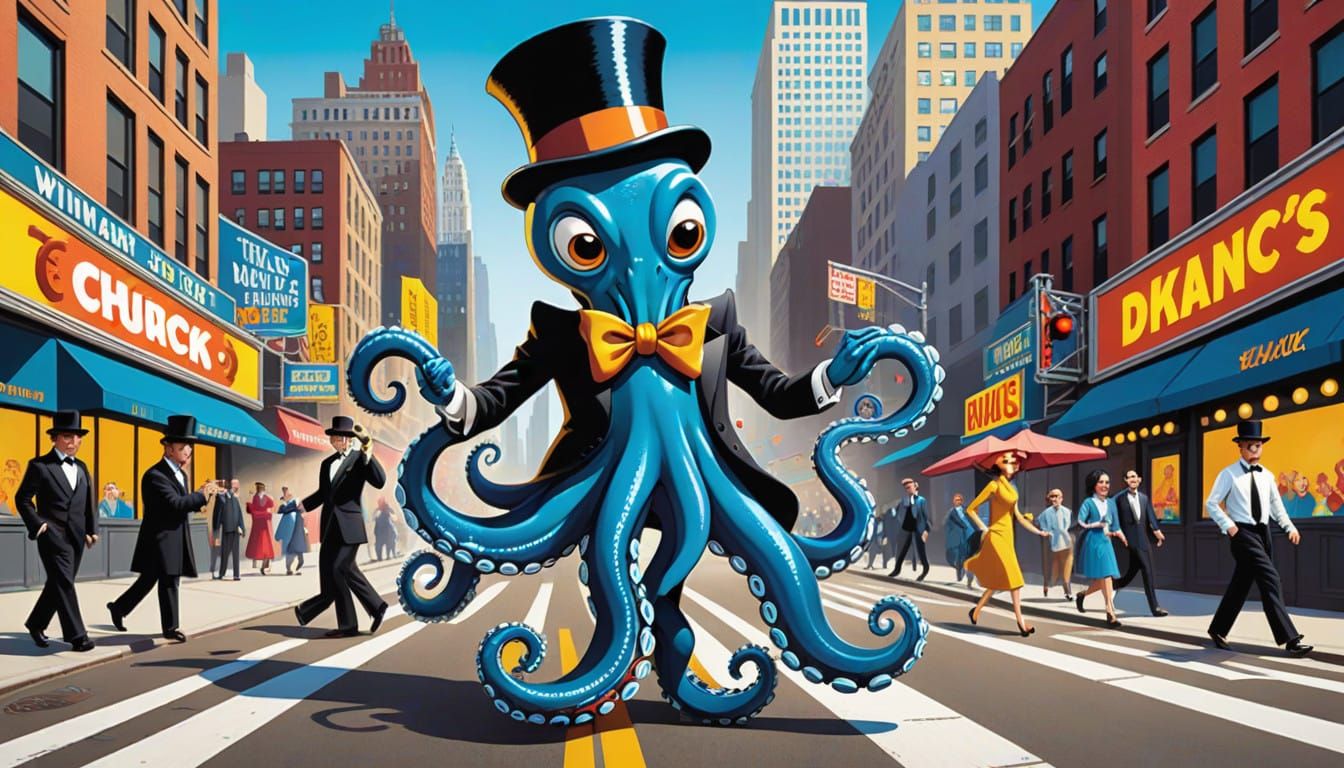 Dapper Blue Octopus Strolls Down Broadway