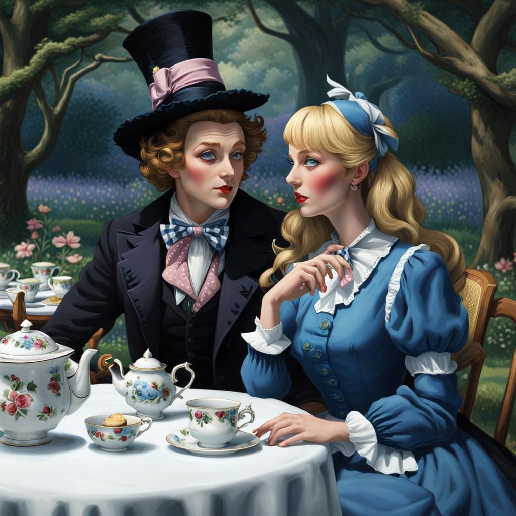 "Mad hatter and Alice sat at a large table"