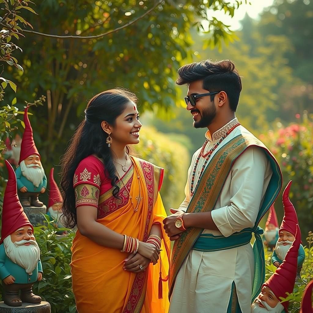 Couple in Indian Clothes Surrounded by Gnomes