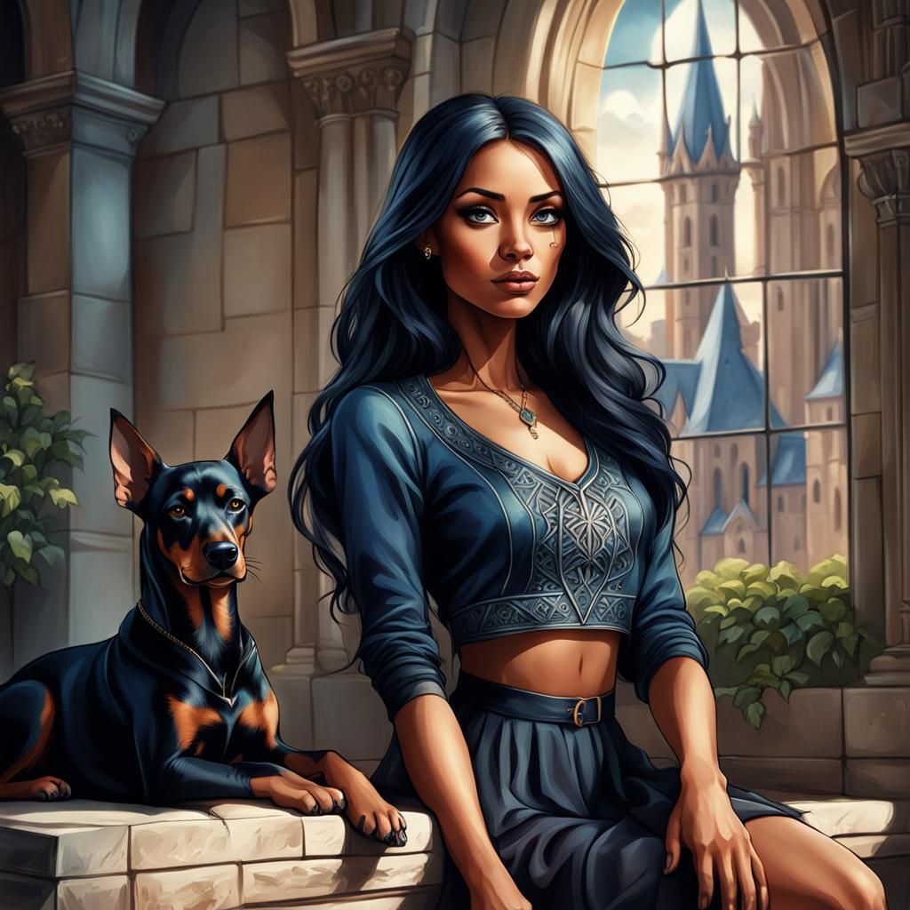 Pixar Woman with Dobermann in Gothic Castle