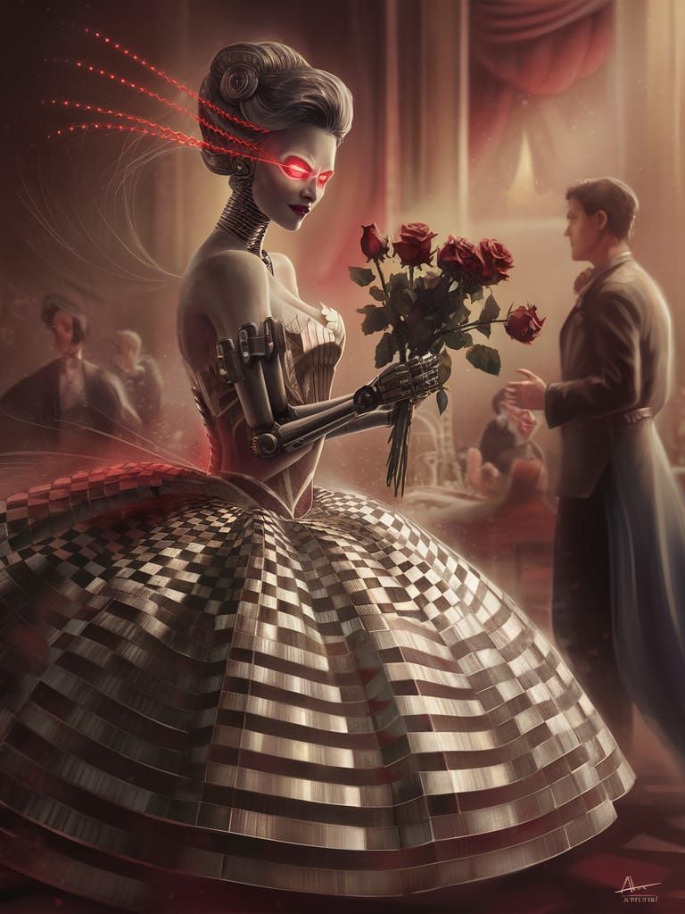Mecha Southern Belle in Ballroom, Sci-Fi Digital Art