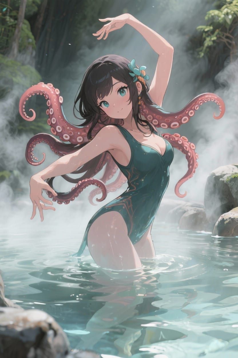 Enticing Octopus Girl Dancing in Hot Springs