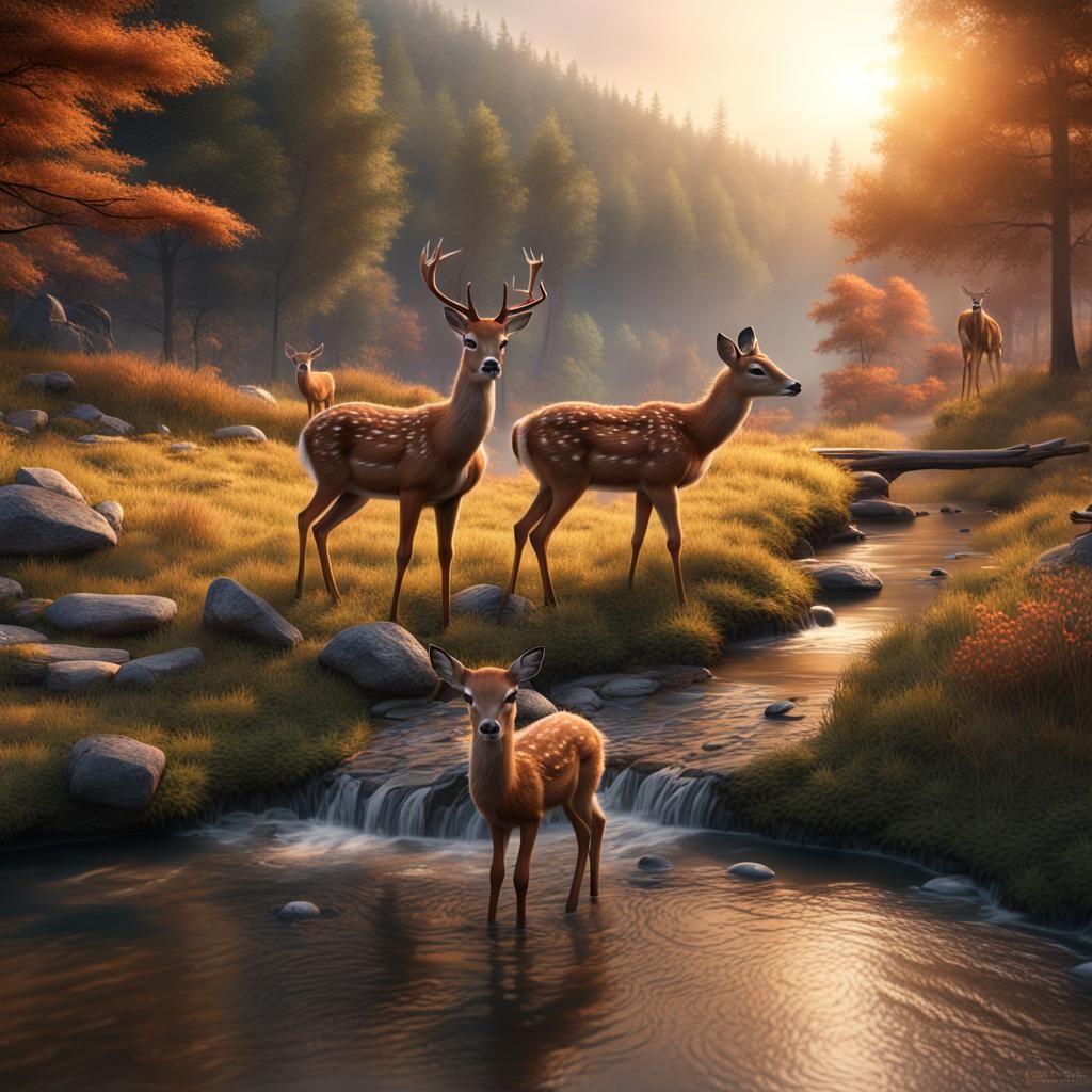 Deer Family at Dawn: 3D Photorealistic Rendering
