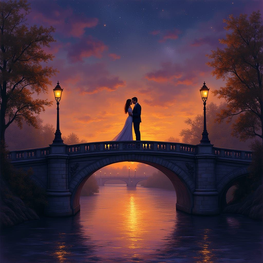 Romantic Bridge at Twilight in Impressionist Style