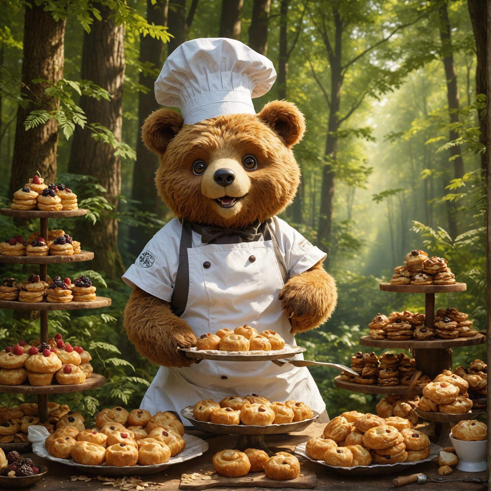 Bear Chef Baking in Forest Bakery, Surreal Cartoon