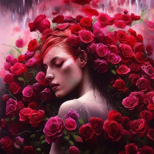Hyperrealistic Rain of Roses in Running Ink