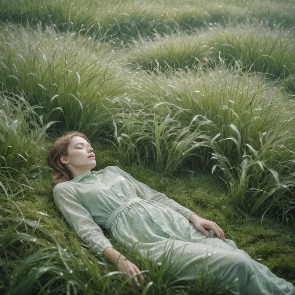 Dreamlike Surrealism: Person Sleeping in Grass-Filled Room