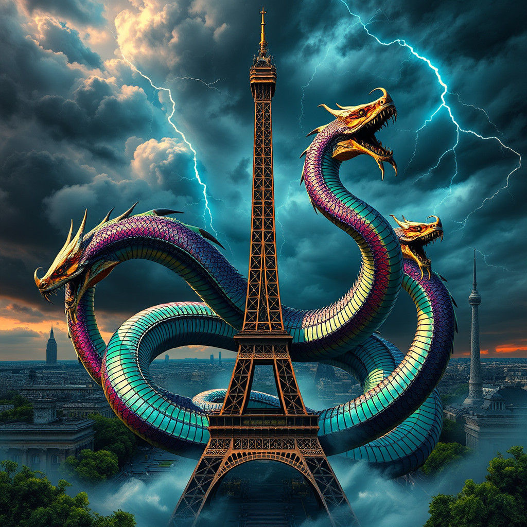 Five-Headed Serpent Ensnaring Eiffel Tower in Biomechanical ...