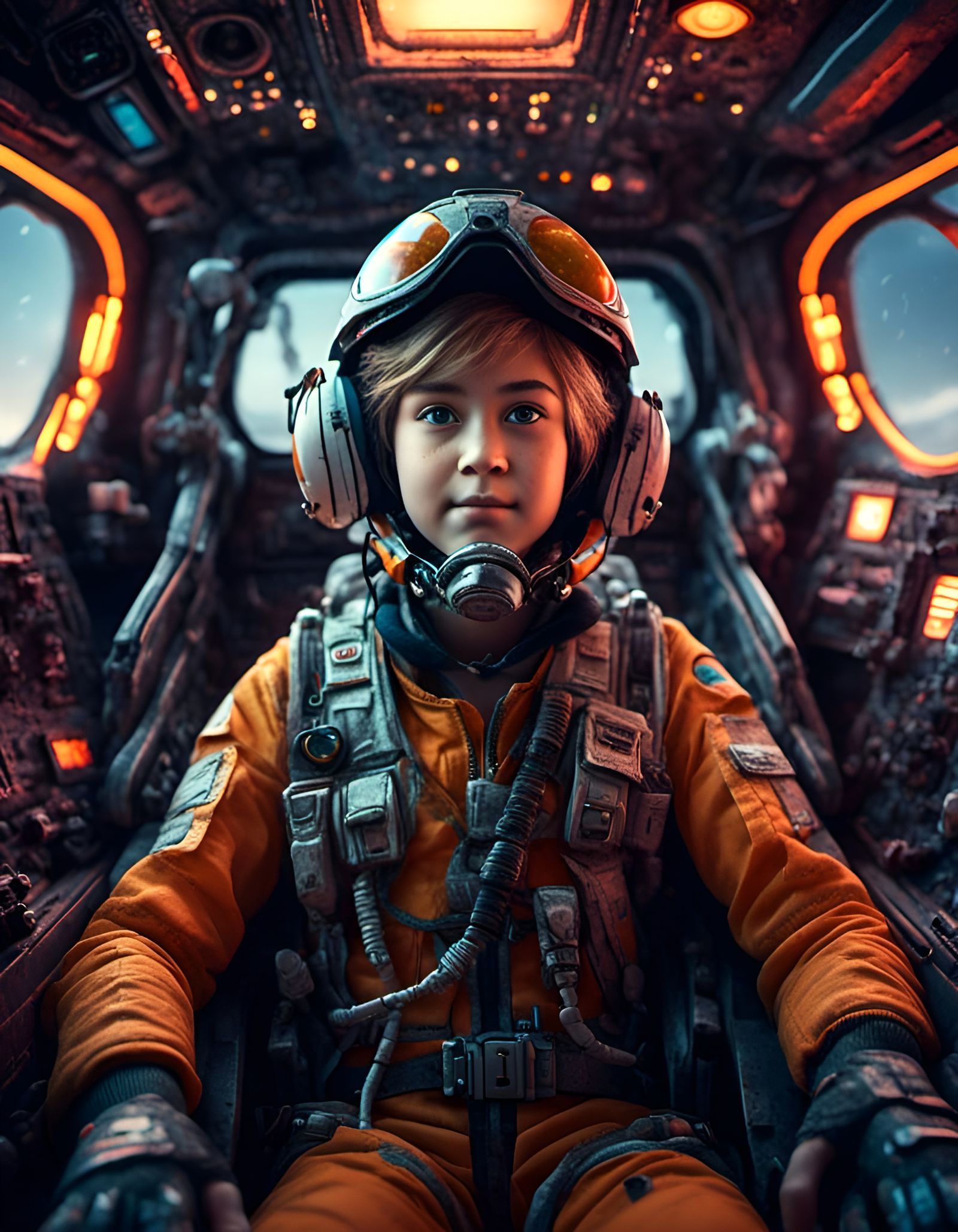 Young X-Wing Pilot in Cockpit: 3D Digital Art