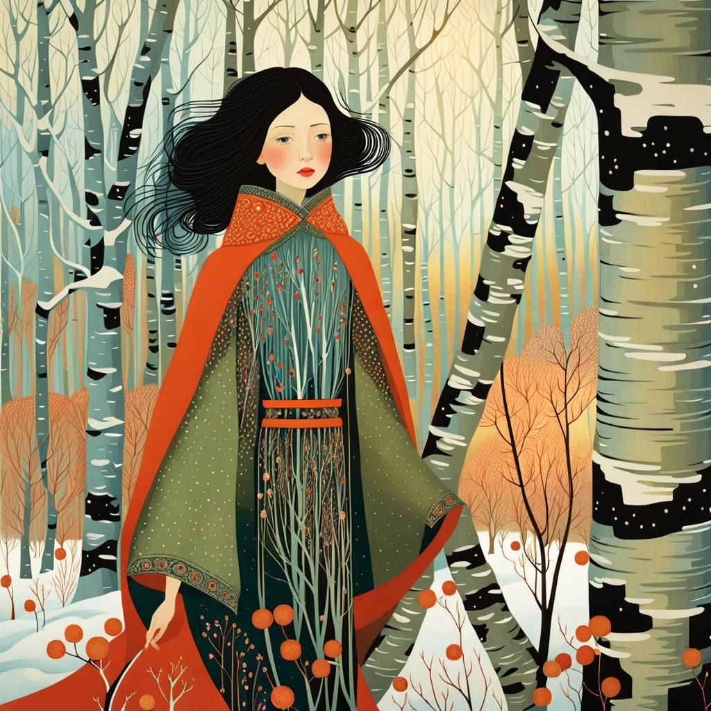 Girl in Winter Birch Forest Wonderland