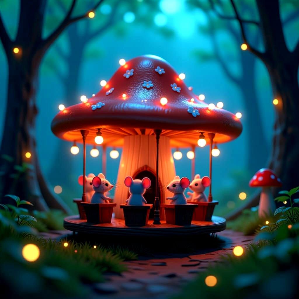 Tiny Toadstool Carousel with Mice in Enchanted Forest