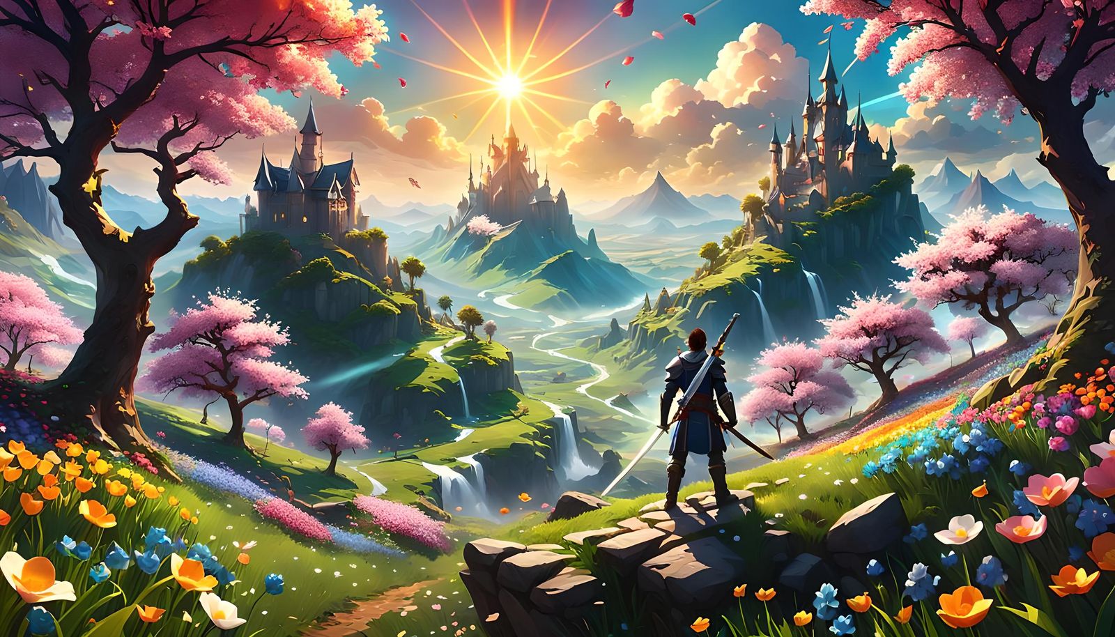 Fantasy Hero in Spring Landscape, Digital Painting