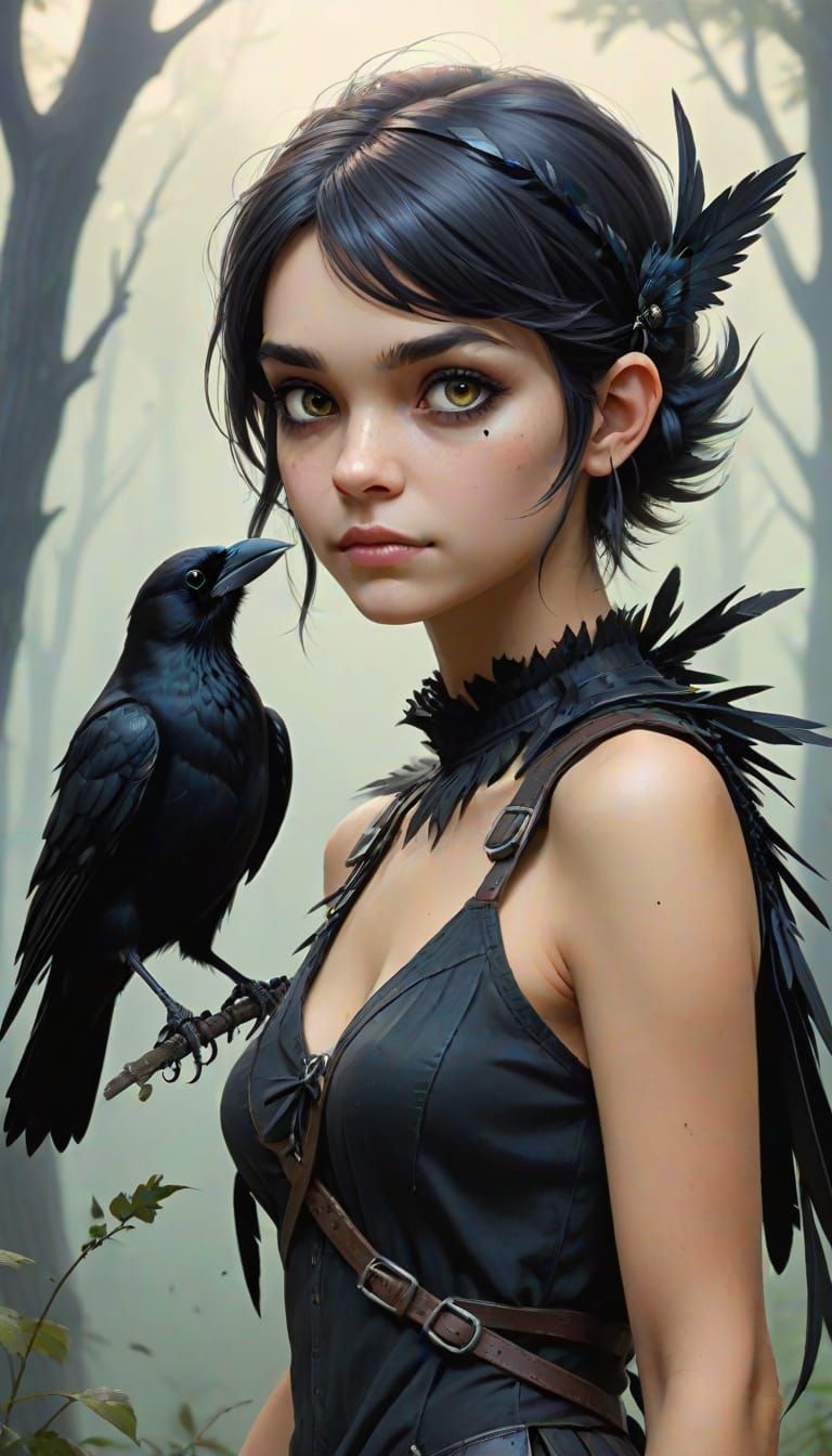 Pixie Girl and Crow in Enchanted Forest