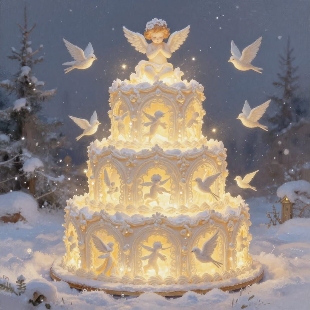 Multi-Tiered Christmas Cake with Hidden Flying Cherubs