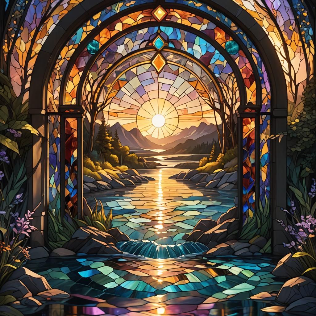Glowing Stained Glass Portal in Dreamlike Landscape