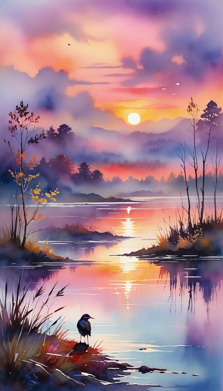 Dreamy Nightingale Serenade: Watercolor Fantasy Landscape