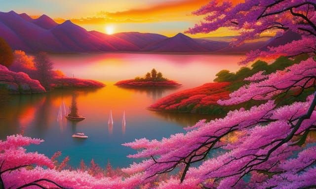 Cherry Blossom Sunset: Fantasy Landscape Art