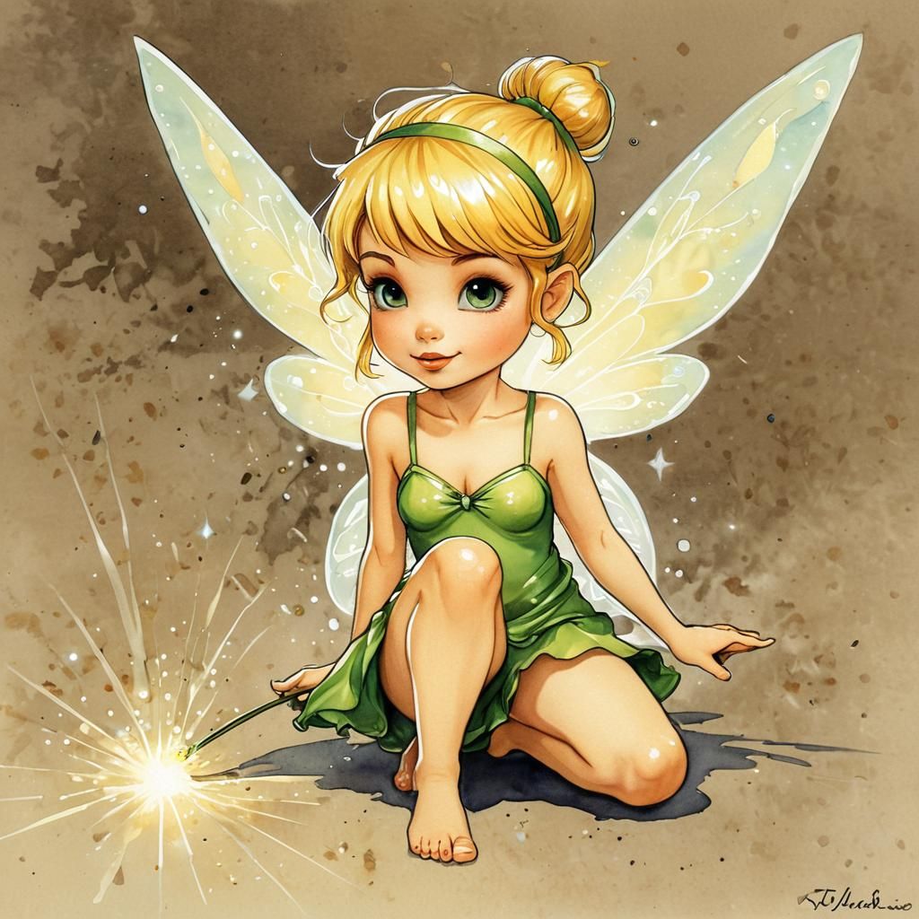 Chibi Tinkerbell in Art Deco Watercolor Style