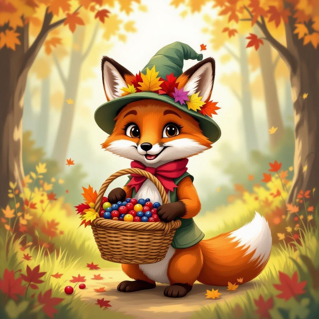 Cheerful Fox in Autumn Cap with Berry Basket