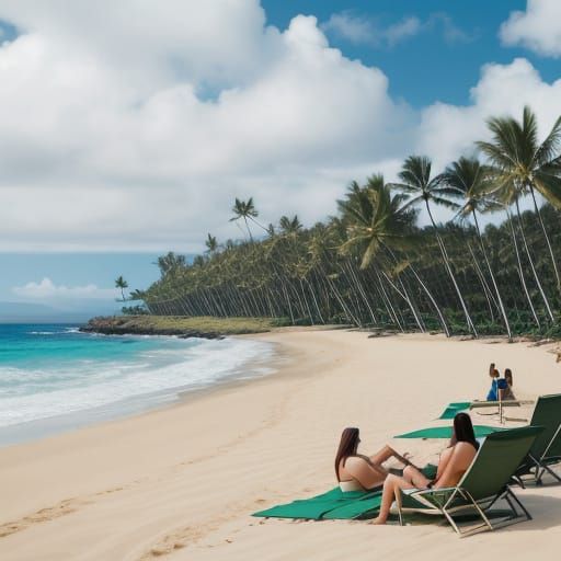 Tourists on a quiet olive green (3.0) sand beach on the Big Island of Hawaii. 🏖️🩴🌊💚🍍🥥🥭
