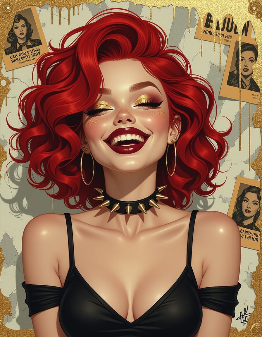 Punk Girl Portrait with Fiery Hair, Vintage Art Style