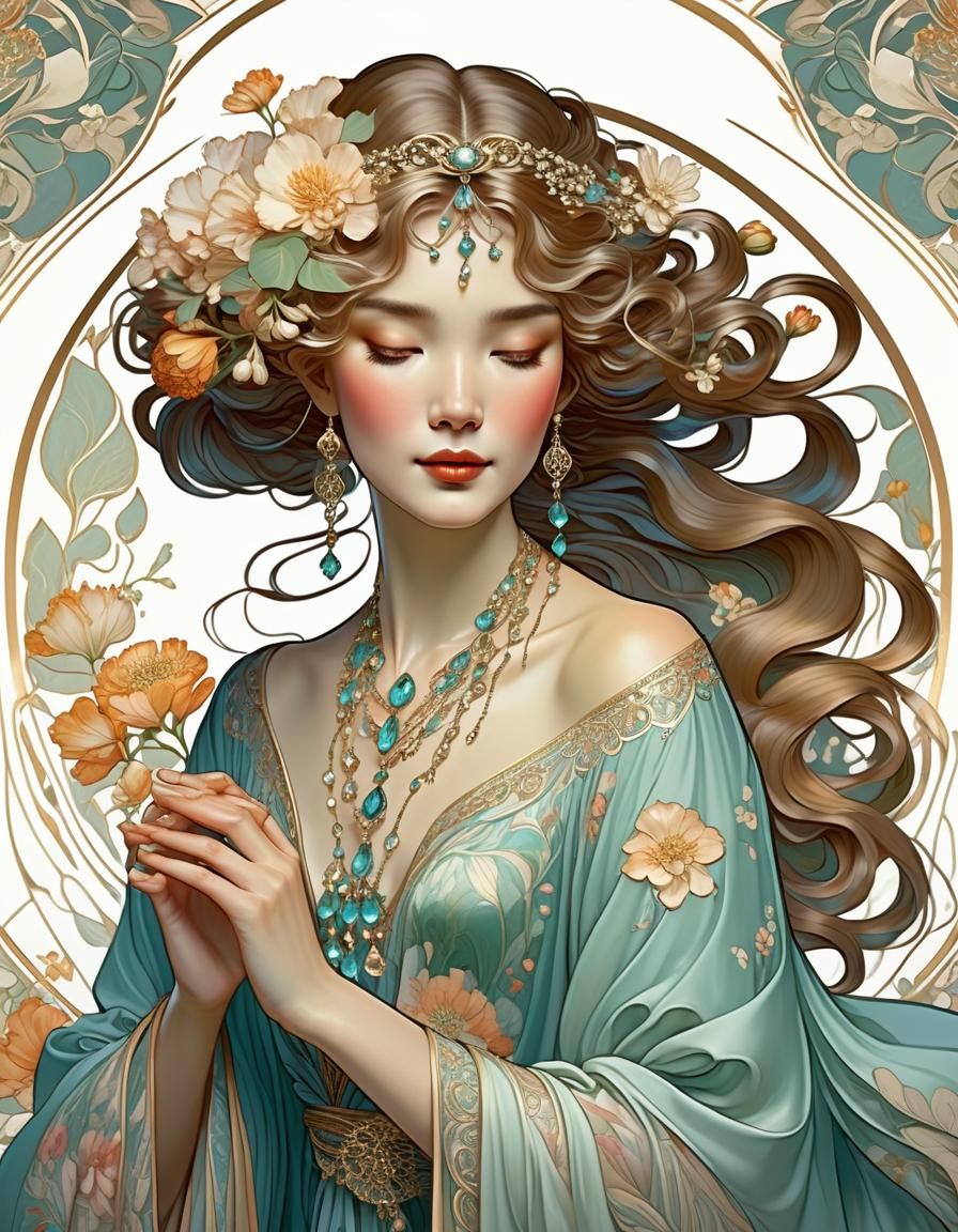 Elegant Woman in Floral Robes: Art Nouveau Illustration