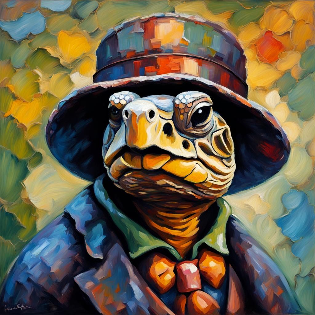 Turtle as Sherlock Holmes in Expressionist Oil Painting