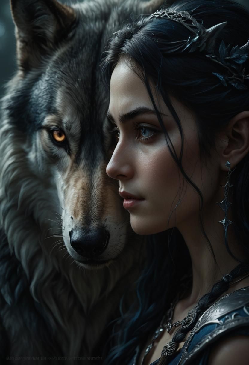 Elven Beauty and Wolf Companion Portrait
