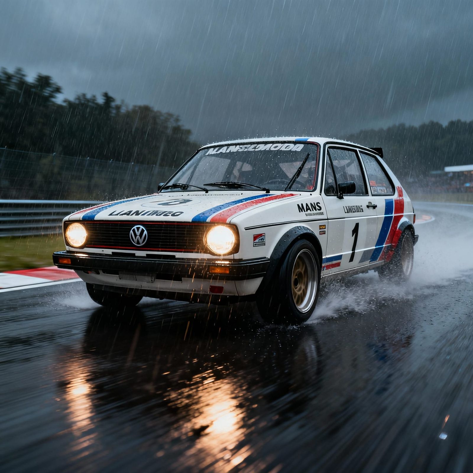 VW Golf Mk1 Le Mans Livery Racing in Heavy Rain