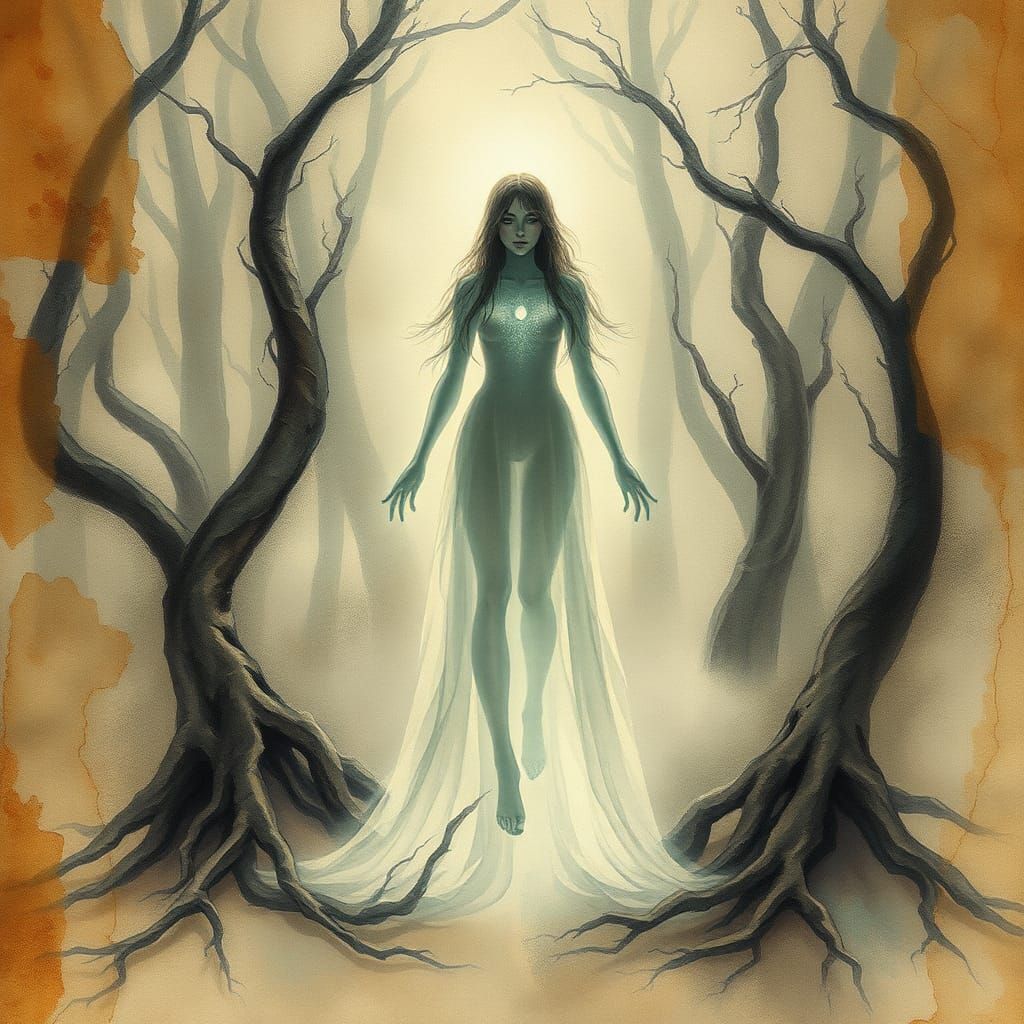 Ethereal Figure in Misty Forest on Parchment