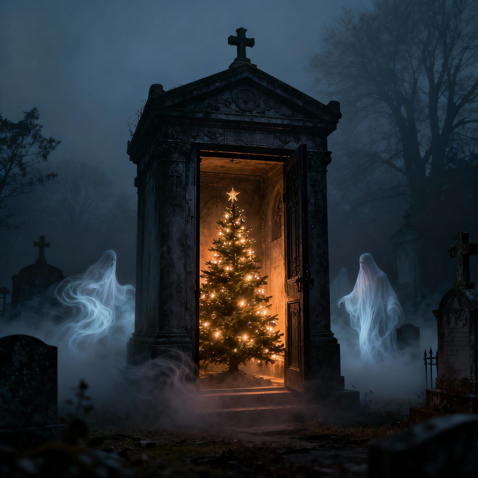 Mysterious Christmas Crypt Scene with Swirling Spirits