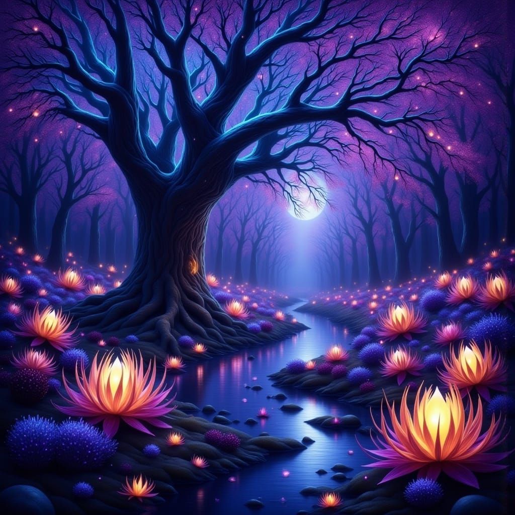 Dreamlike Landscape with Cosmic Willow Tree and Glowing Flow...