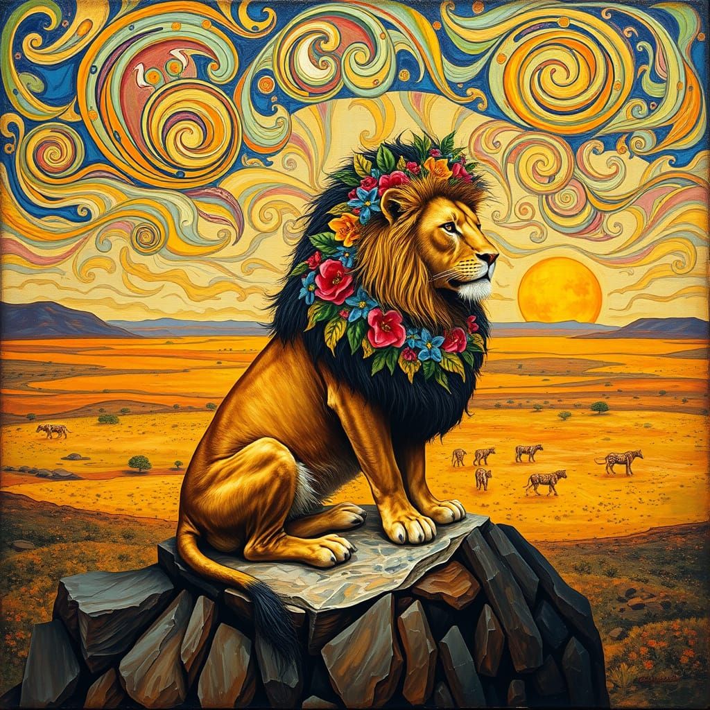 Floral Lion Overlooking Savanna, Klimt-Inspired Gouache Pain...