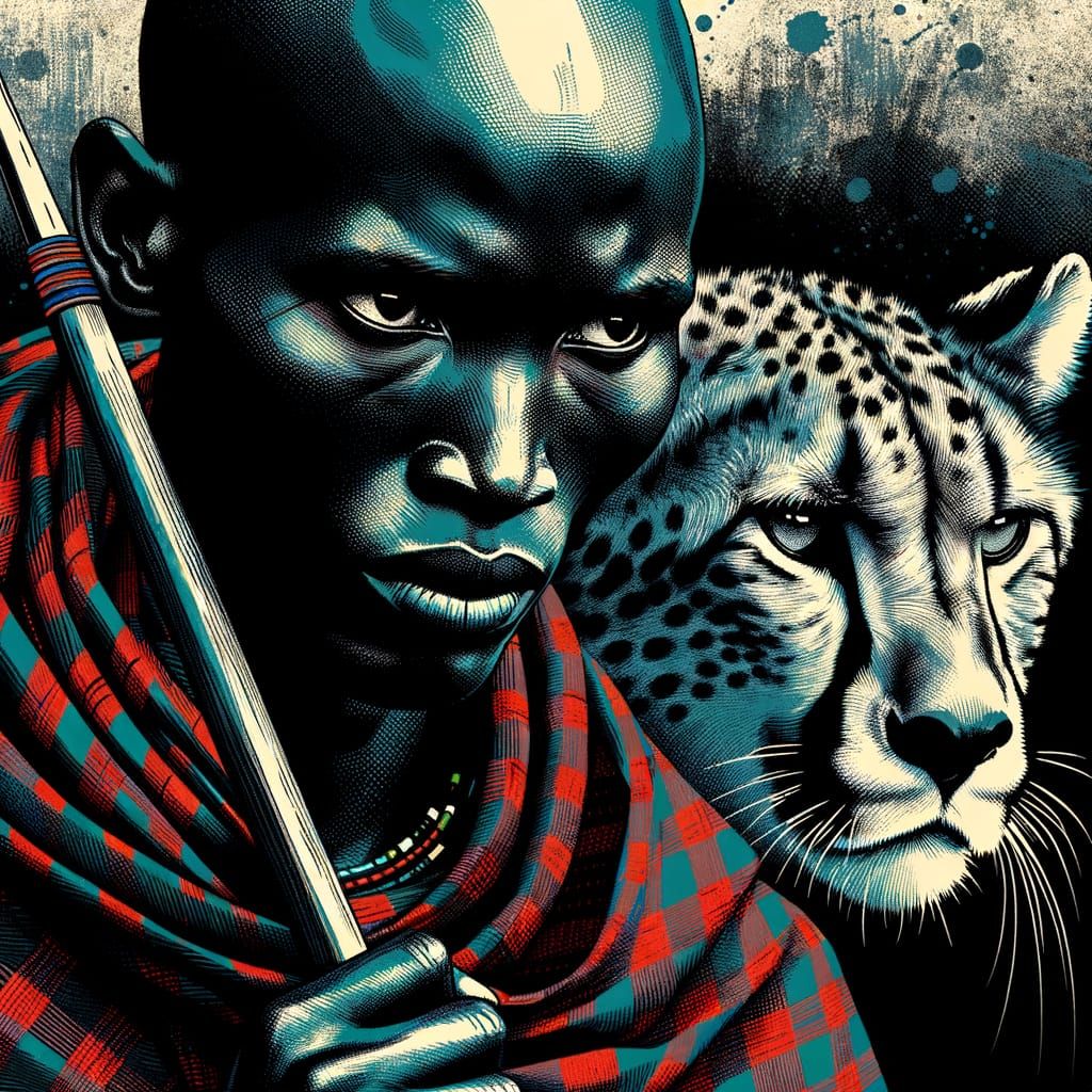 Maasai Warrior and Cheetah in Graphic Novel Style