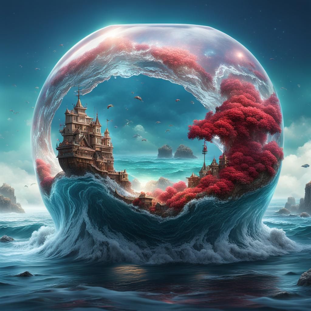 Translucent Glass Apple Containing a Wave, Detailed Matte Pa...