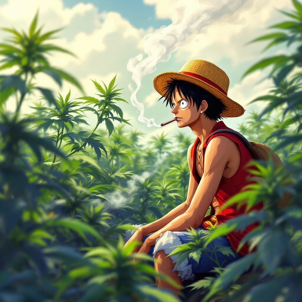 Monkey D Luffy Smokes Joint in Lush Cannabis Field