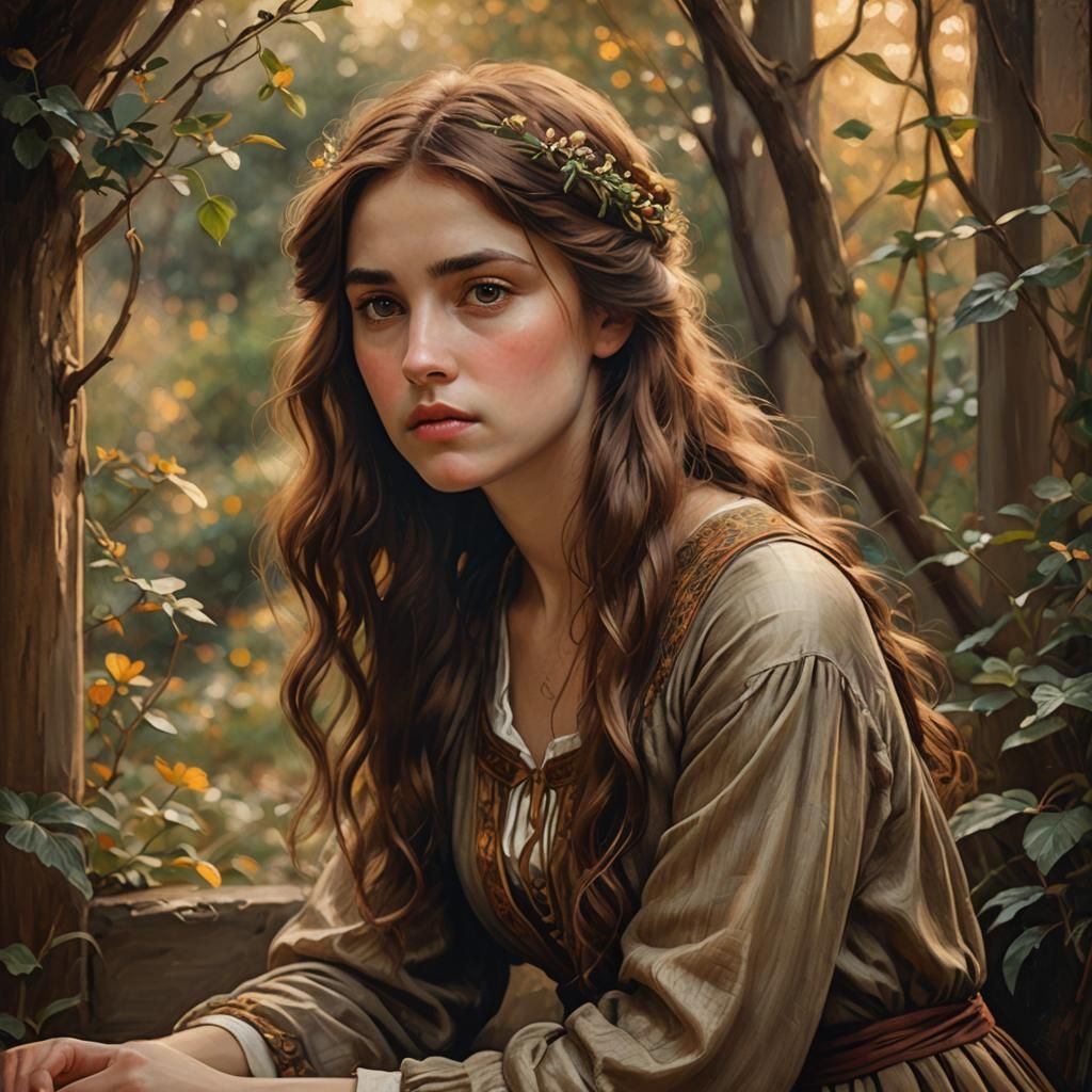 Pensive Brown-Haired Woman: A Romantic Realism Portrait