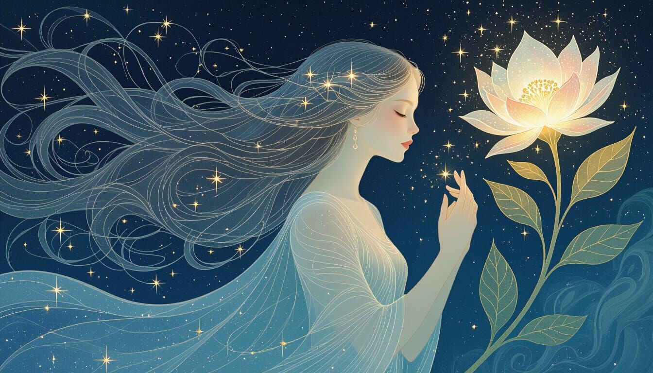 Ethereal Woman With Star-Woven Hair and Luminous Flower