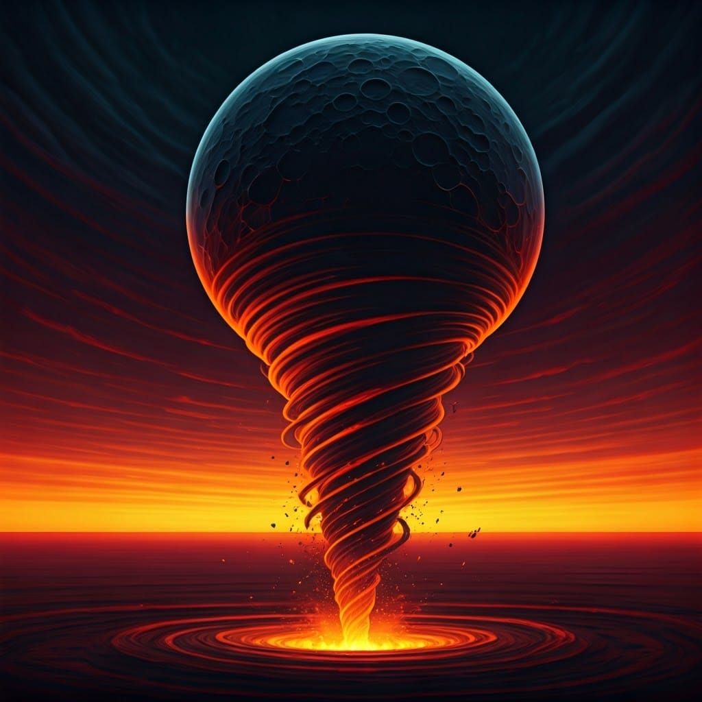 Eerie Black Moon Over Fiery Red Tornado