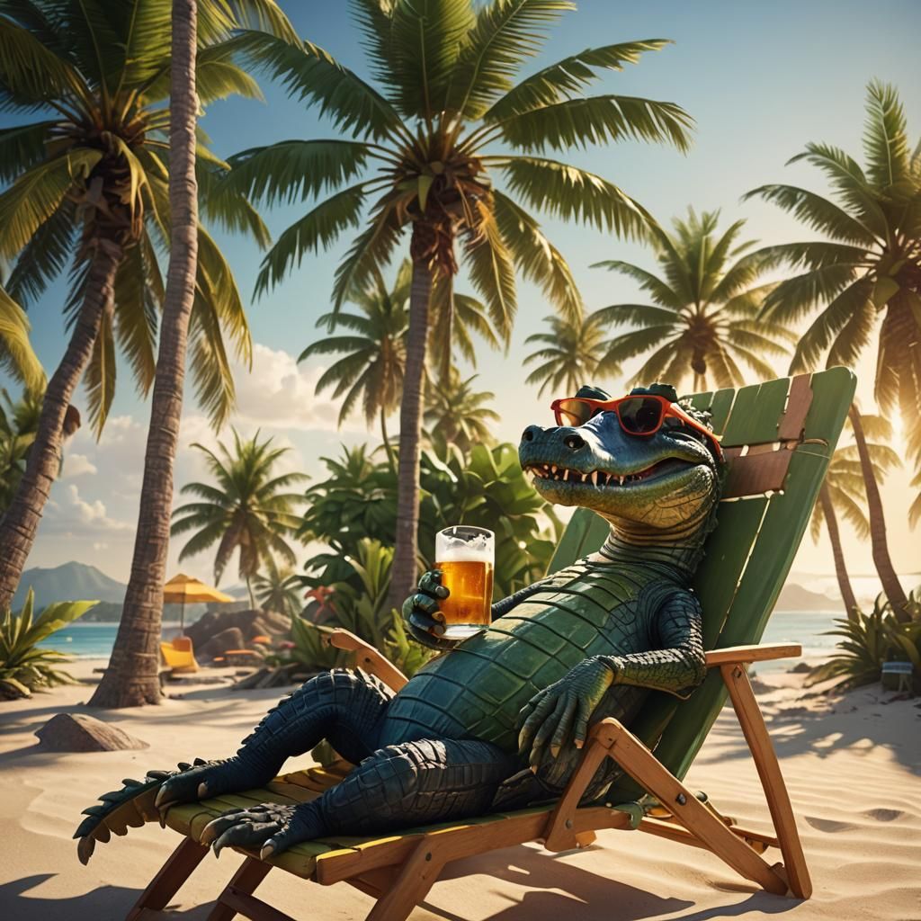 Crocodile Relaxing in Tropical Paradise: 3D Render