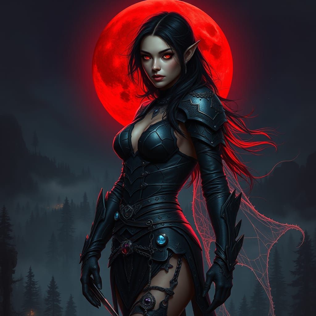 Dark Elf Sorceress Bathed in Blood-Red Moonlight