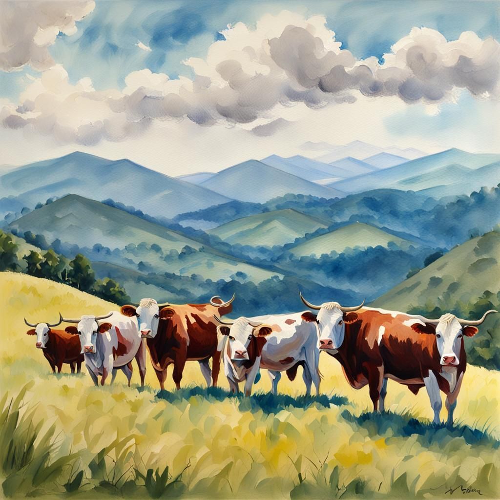 Hereford Cattle in Impressionist Gouache Style