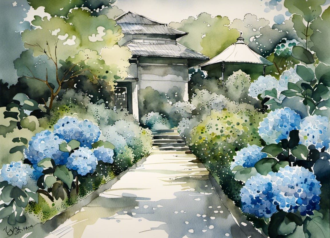 Hyperdetailed Watercolor Hydrangea Garden Landscape