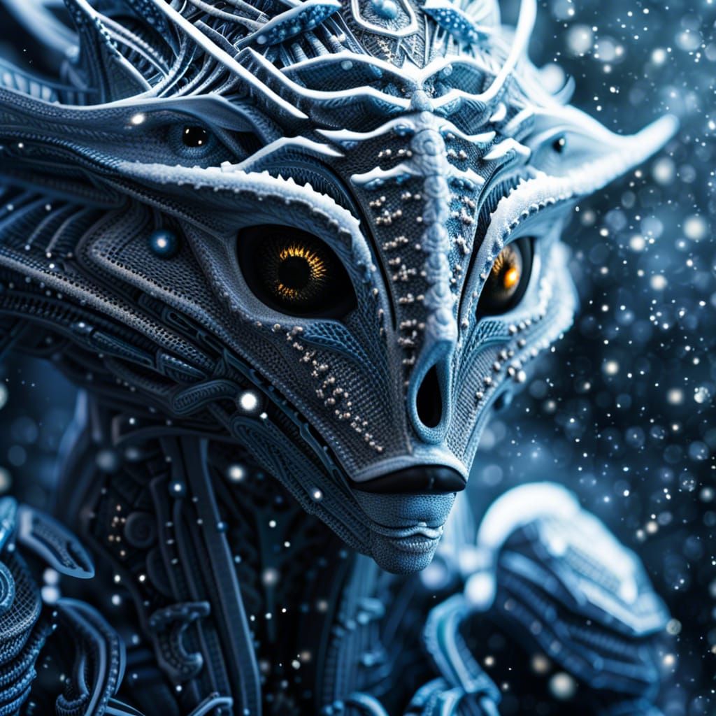 Hyperrealistic Extraterrestrial Portrait in Falling Snow