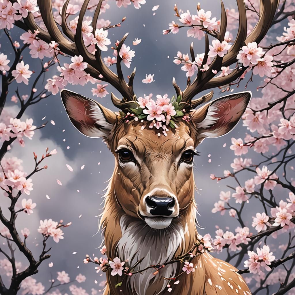 Deer with Cherry Blossom Wreath in Anime Style
