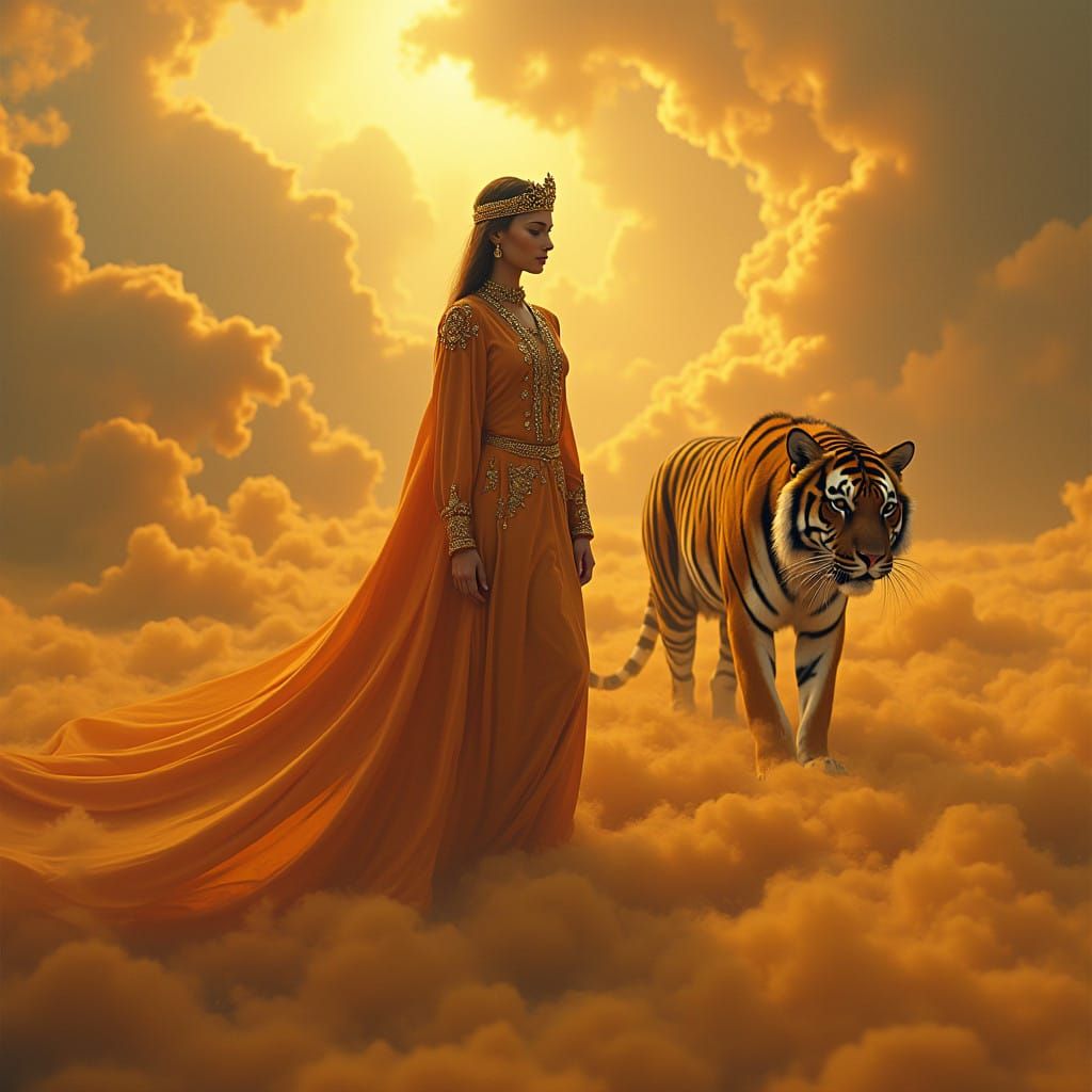 Regal Arabian Queen Surrounded by Bengal Tiger and Swirling...