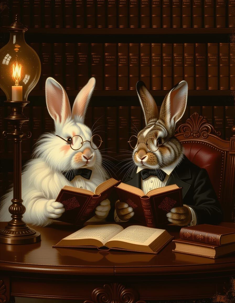 Victorian Rabbits Reading Books in Gas Lamp Glow
